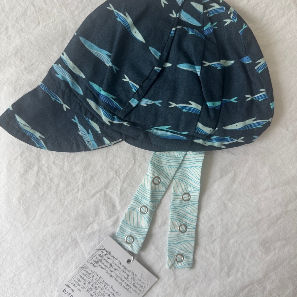 UB2 Handmade USA Boys Navy Fish Print Hat w/adjustable Chin Strap Reversible